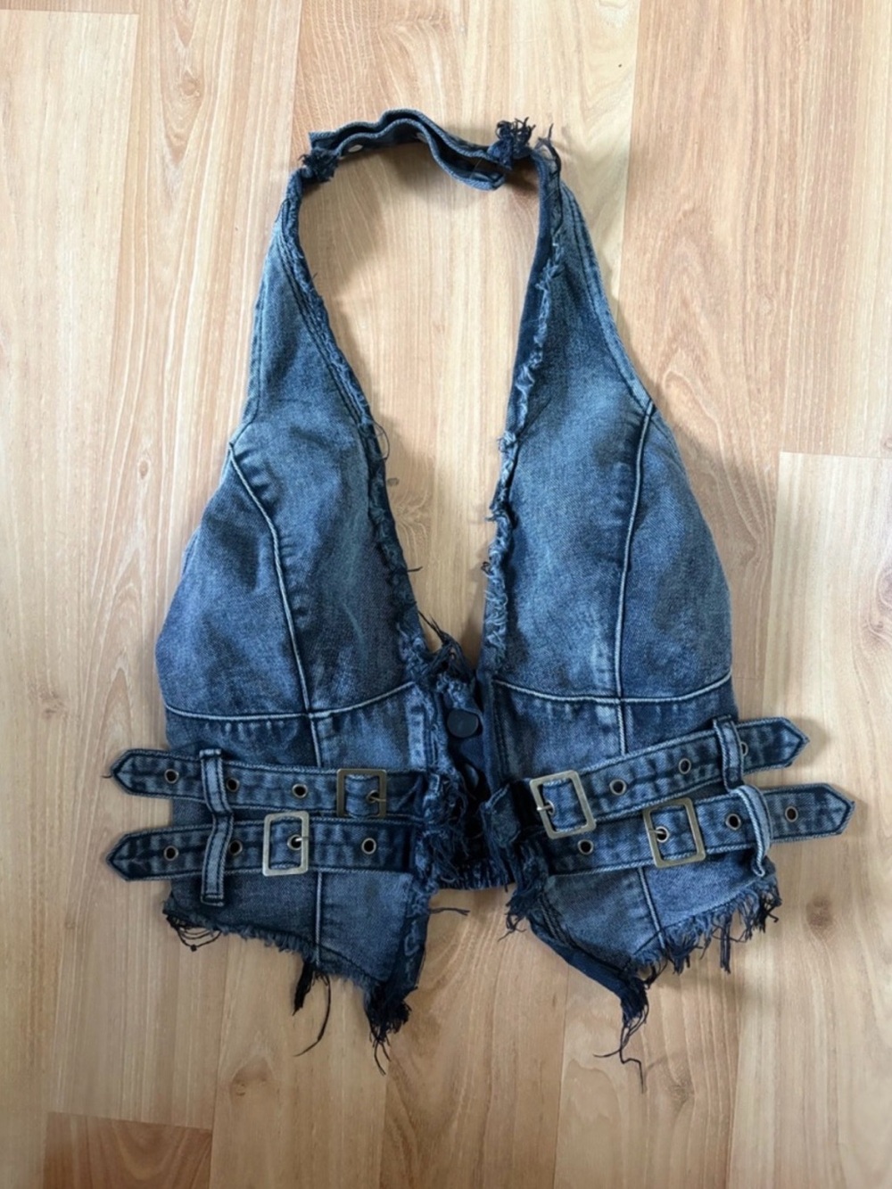 ROMWE Black Distressed Denim Halter Vest with Buckle Accents